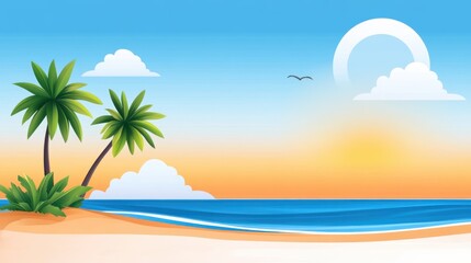 Fototapeta premium Serene Tropical Beach Scene with Palm Trees and Colorful Sunset Sky