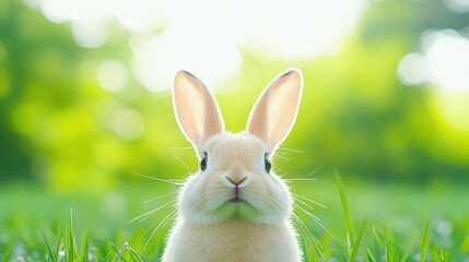 Fototapeta premium A rabbit is standing in a green field with its ears up