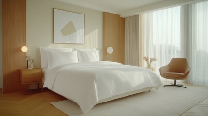 Fototapeta premium Modern bedroom with premium white linens on a bed, set in a bright and airy space. Large window and minimalistic decor enhance the serene atmosphere.