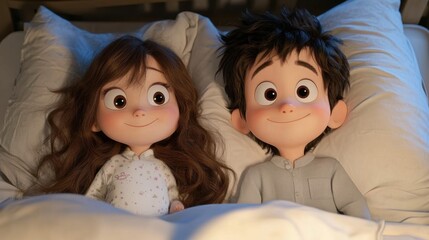 Adorable animated children with big eyes lie in bed, looking happy and content. The scene is cozy and heartwarming.