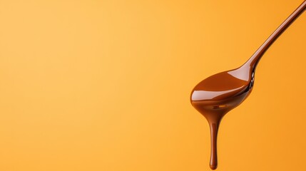 A spoon with melted chocolate dripping against a vibrant orange background, highlighting the glossy texture of the chocolate.