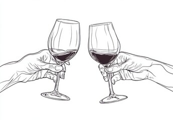 Line drawing illustration of a toast with two glasses of wine