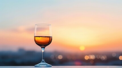 A glass of wine is sitting on a table with a beautiful sunset in the background