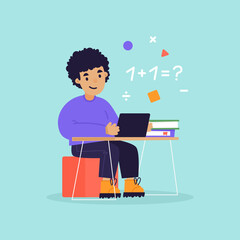 Children's education. Boy holding a tablet learning mathematics. Preparation for school. Flat design vector illustration.