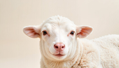 Obraz premium Close-up of adorable lamb face on soft background. Symbolic spring animal.