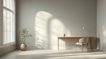 A serene Scandinavian workspace featuring a simple wooden desk and a warm chair, surrounded by soft natural light and minimalist decor. A touch of nature is added with a plant.