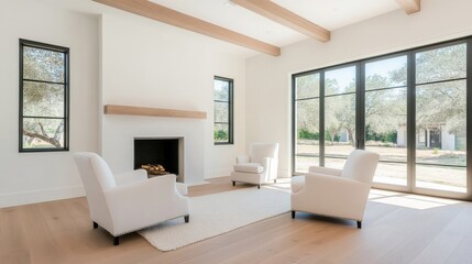 Fototapeta premium Bright and modern living room with large windows, minimalist decor, and two white armchairs around a fireplace, providing a serene and spacious atmosphere.