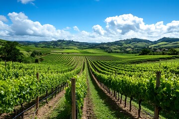 Fototapeta premium Lush vineyard rows stretching across rolling hills under blue sky