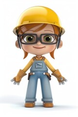 Fototapeta premium 3D Cartoon of a Female Worker with Safety Helmet and Protective Gear on a White Background