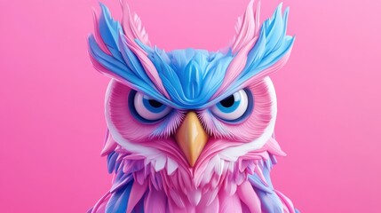 Fototapeta premium A vibrant owl illustration using splash painting techniques exhibits vivid pink and blue hues on a soft pink background, creating a captivating and energetic look.