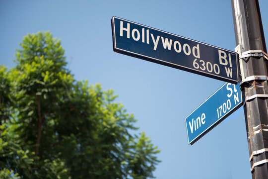 Naklejki Hollywood Boulevard and Vine Street street signs, Hollywood, California, Los Angeles, USA