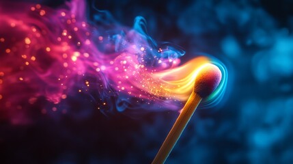 A macro wallpaper of a lit match with vibrant, neon colored flames. Rainbow colored sparks from a match against a black background.