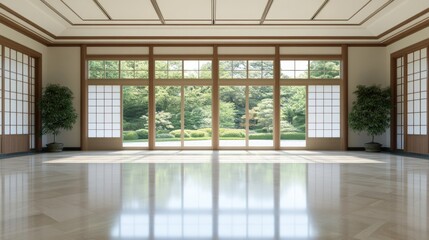 A serene 3D illustration of a traditional Japanese dojo with large windows overlooking a tranquil garden, featuring shoji screens and polished floors.
