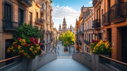 Fototapeta premium Serene Urban Scene with Colorful Flowers and Historic Architecture in Vibrant City Street in Daylight
