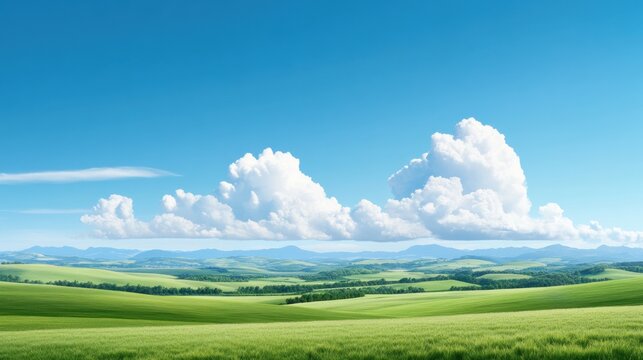 A vibrant landscape with rolling green hills under a clear blue sky dotted with fluffy white clouds, in a manga or anime style.