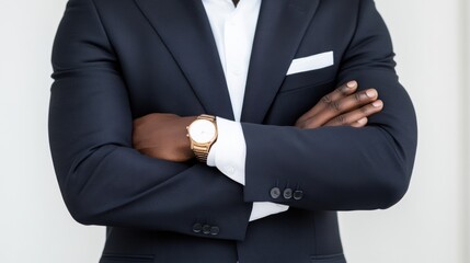 A confident young man in a dark suit with crossed arms, showcasing a gold watch. The professional attire emphasizes a poised and self-assured demeanor.