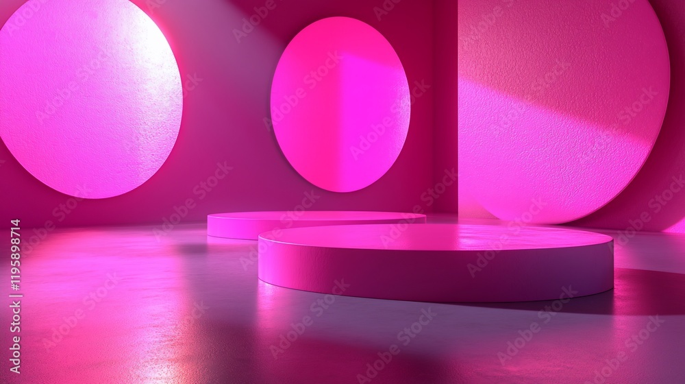 Poster pink minimalist product display podiums in a studio.
