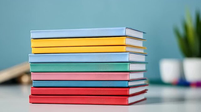 A colorful stack of hardcover notebooks on a desk, ideal for back-to-school and organization themes