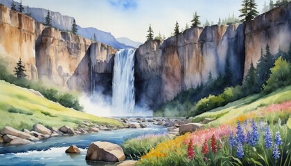 Fototapeta premium Beautiful watercolor illustration of a national park featuring a majestic waterfall surrounded by vibrant wildflowers and lush greenery on a sunny day