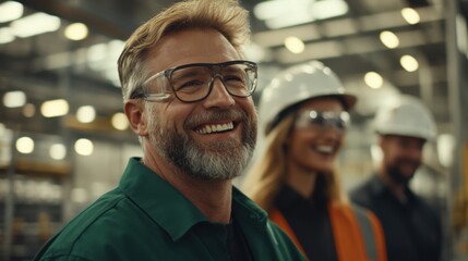 Two engineers wearing safety glasses and helmets are smiling in an industrial setting, conveying a positive and collaborative work environment.