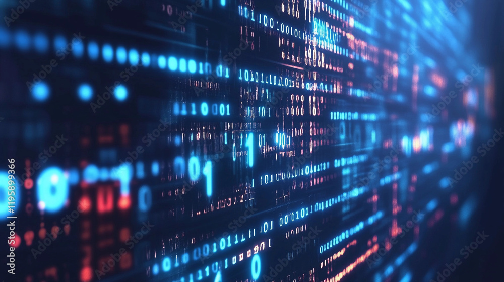 Poster the visual showcases a vibrant binary code design reminiscent of digital technology