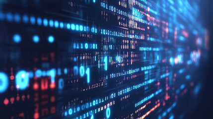 The visual showcases a vibrant binary code design reminiscent of digital technology