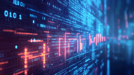 Vivid display of binary code and digital elements creating a matrix-like environment