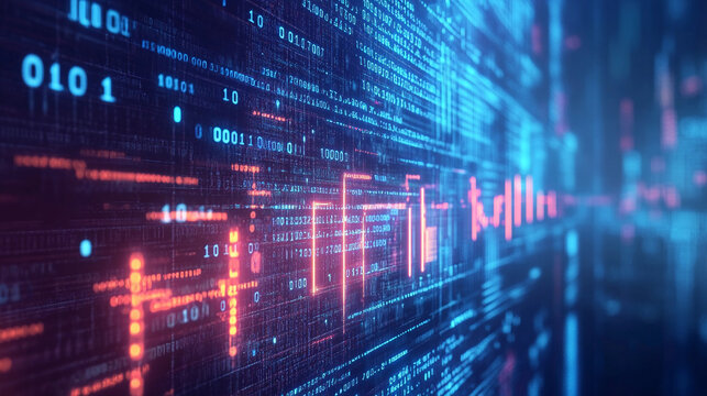 Vivid display of binary code and digital elements creating a matrix-like environment