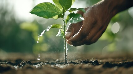 A close-up of two hands gently watering a young plant sprout, symbolizing care and nurturing. The image conveys themes of growth and environmental consciousness.