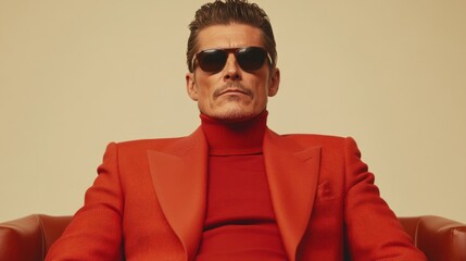 Obraz premium A person wearing a red suit and sunglasses sits confidently on a brown leather chair against a beige background.