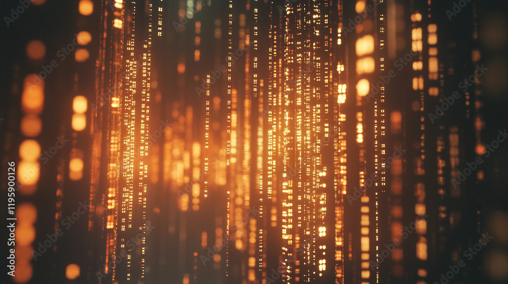 Poster binary code cascading through a digital landscape at twilight. generative ai