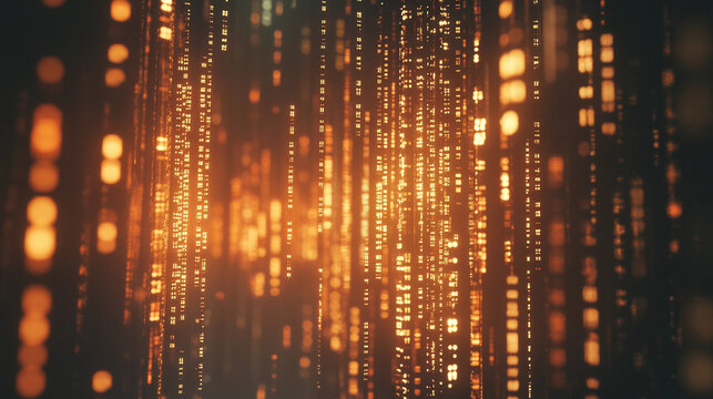 Binary code cascading through a digital landscape at twilight. Generative AI