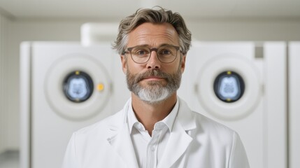 Obraz premium A mature doctor with glasses and a beard stands in a hospital room, wearing a white coat, with MRI machines in the background.