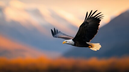 Obraz premium A majestic bald eagle soars against a stunning sunset backdrop, showcasing its powerful wingspan in this vivid, artistic portrayal.