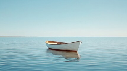 Naklejka premium A wooden rowing boat floats on a calm lake under a clear blue sky, creating a serene and peaceful atmosphere.