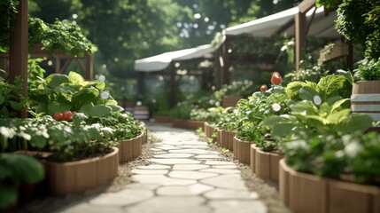 Obraz premium A serene garden pathway surrounded by lush plants, showcasing regenerative agriculture techniques under a sunny, clear sky.