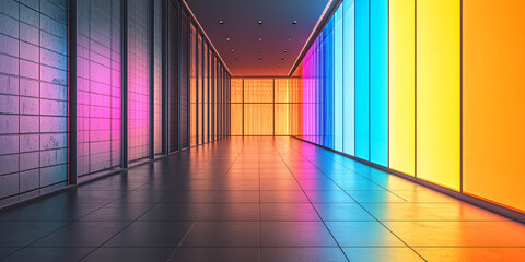 Colorful corridor with gradient walls and tiled floor