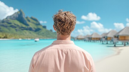 A serene view of Bora Bora's lagoon with a person gazing at overwater bungalows and lush mountains under a clear blue sky.