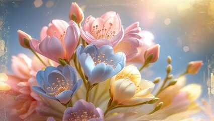 Fototapeta premium Delicate Pastel Floral Arrangement with Pink Blue Yellow Flowers and Light Background