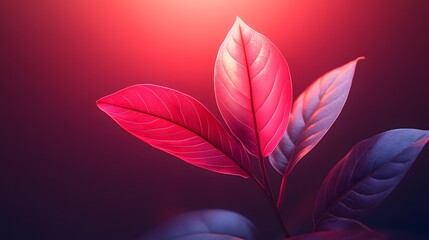Fototapeta premium Elegant Fusion of Abstract and Minimalism with Neon Illuminated Pink Leaf Against Rich Background Patterns