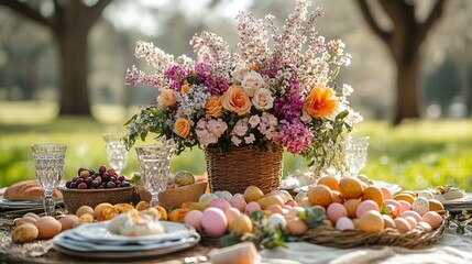 A spring picnic setup under a blooming tree, with Easter eggs, fresh fruit, and flowers as a centerpiece. 351