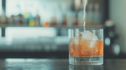A skilled bartender elegantly pours a clear spirit over a glass filled with ice and a vibrant concoction, showcasing the art of mixology on International Bartender Day