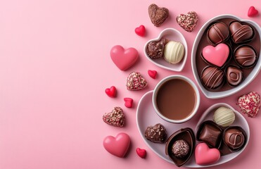 Heart-Shaped Treats and Hot Chocolate on a Pink Background