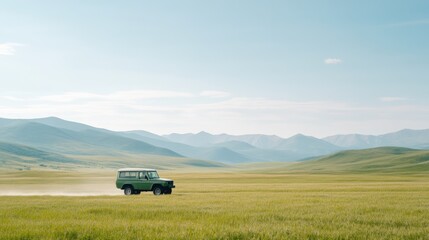 Fototapeta premium A vehicle drives across a vast, open grassy landscape with distant mountains under a clear blue sky.