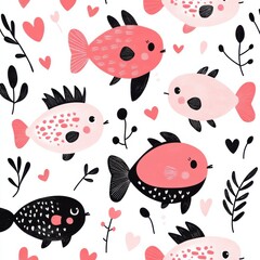 Playful Valentine's Day fish pattern with hearts and floral elements