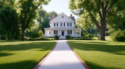 Obraz premium A classic white clapboard house with red brick accents sits amidst lush greenery, featuring a long pathway and surrounded by mature trees.
