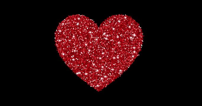 Beating red heart on black background for Valentine's Day concept. Animation in red glitter style. Perfect for Valentine's Day, wedding or romantic designs, loopable animation. Seamless Animation. 