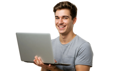 a young man smiling an holding laptop on transparent background, man with laptop png