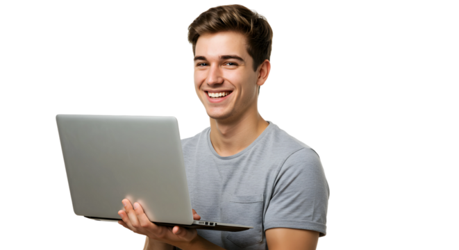 a young man smiling an holding laptop on transparent background, man with laptop png