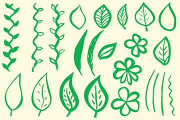 Grunge dry brush leaves set, hand drawn, vector, isolated. Freehand elements for design.